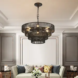 20" Rustic 4-Tier Black Hemp Rope Pendant Light Chandelier with 6 E12 Sockets, Handmade Tiered Boho Ceiling Light Fixture for Dining Room, Kitchen, or Foyer (Bulb Not Included)