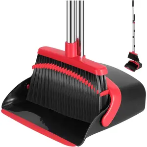 Broom and Dustpan Set, 52-in Long Adjustable Handle Broom Dustpan Combo with Dustpan Teeth to Automatically Clean Hair Suitable for Home Kitchen Office Hall Floor (Black&Red) Cleaning Household