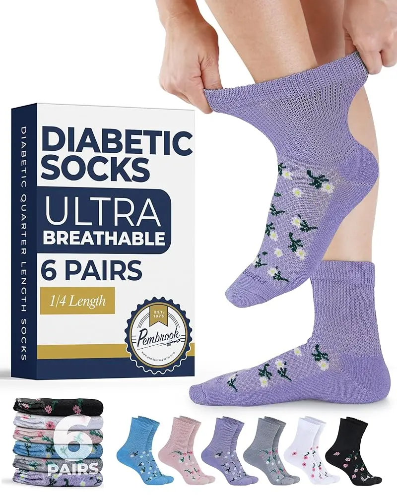 PEMBROOK Women's Floral Knit Ankle Diabetic Socks, 6-Pack - Non-Binding Top, Seamless Toe for Everyday Comfort