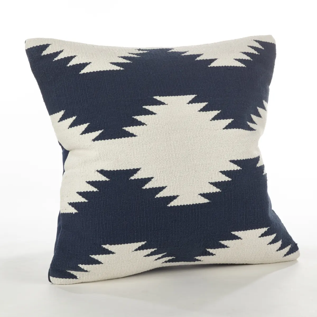 SARO 20 in. Square Kilim Design Down Filled Throw Pillow Navy Blue