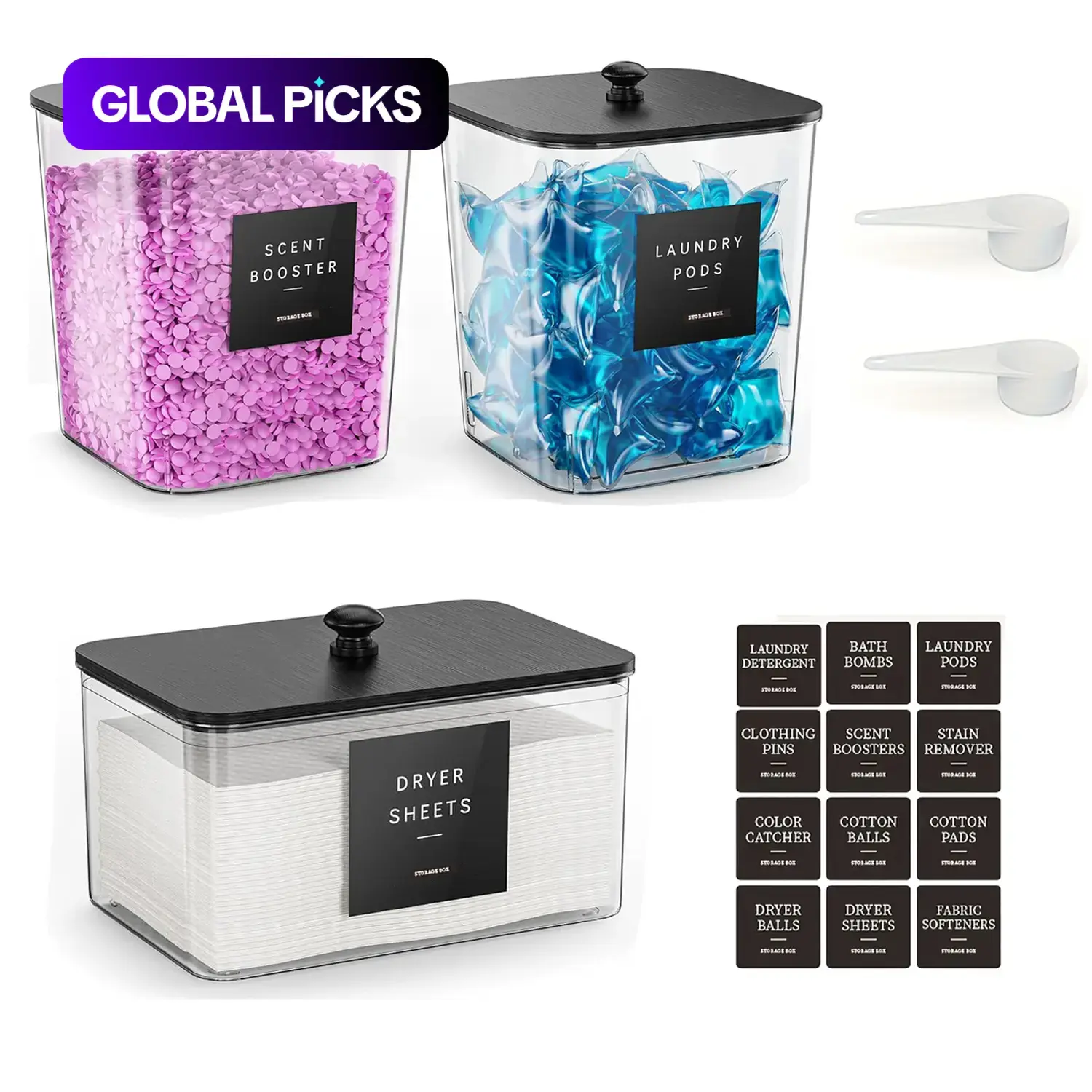 3 Pack Laundry Room Storage Containers, Clear Acrylic Storage Bins with Black Lids and Labels for Laundry Pods or Detergent Powder #GLOBAL PICKS