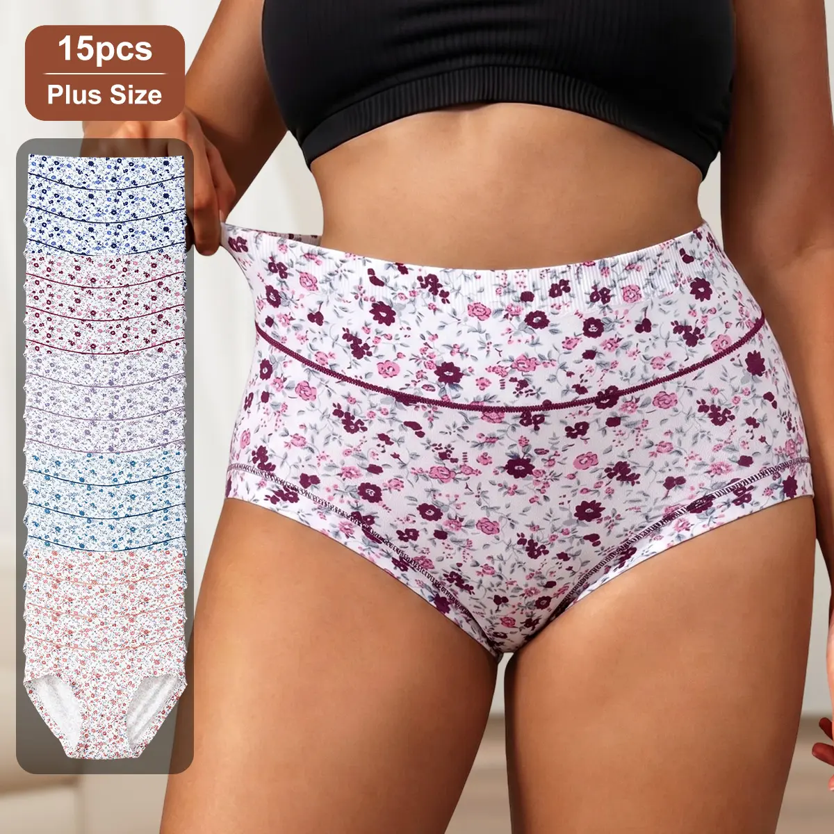 Women's Plus Size Floral Print Brief Panties 15-Pack - High Rise, Soft Fit, Casual Comfy Full-Coverage Breathable Underwear in Mixed Ditsy Prints, Sizes 1XL-4XL