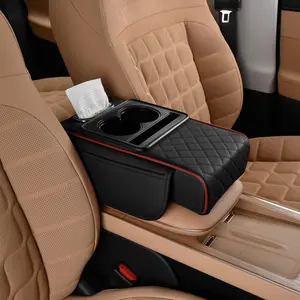 5-in-1 PU Leather Car Armrest Cushion with Tissue Slot Cup Holder & Dual Storage Pockets, Universal Center Console Protector Pad Comfort Elbow Rest Fits BMW Ford Honda Toyota Jeep Chevy Mercedes Hyundai VW All Sedans SUV Trucks