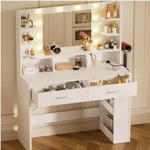 White Vanity Desk with Mirror and Lights, Hairdryer Holder, 5 Drawers, Bedroom Dresser Table for Girls
