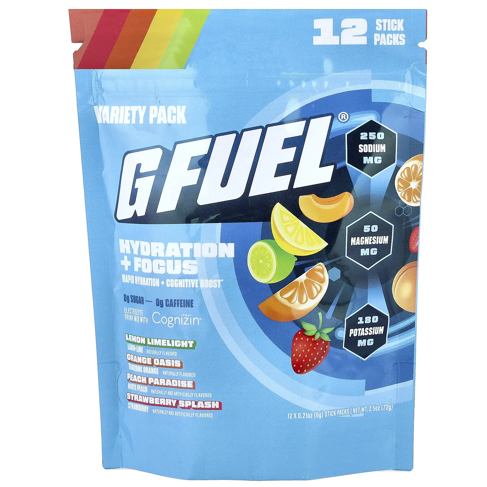 G FUEL Hydration + Focus, Electrolyte Drink Mix with Cognizin®, Variety Pack, 12 Stick Packs, 0.21 oz (6 g) Each