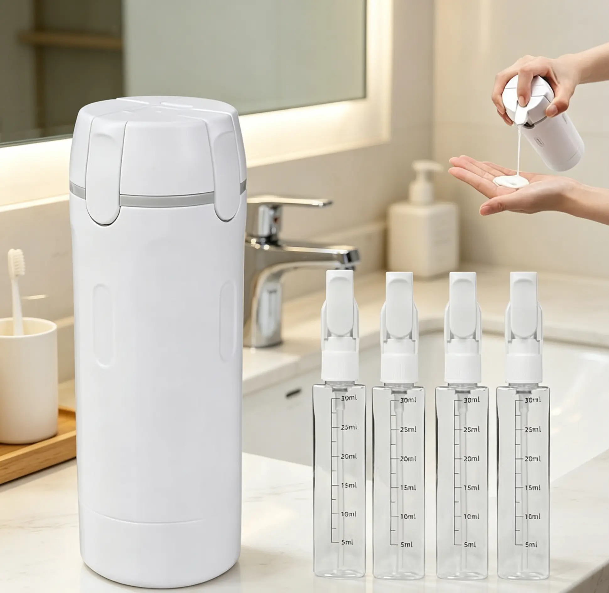 4-Pack 30ml Compact Foldable Eco-Friendly Travel Pump Bottles - Leak-Proof, Detachable 4-in-1 Cosmetic Containers with Cover, Measurement Scale, Label Stickers, Bottle Brush, Pressed Design, PVC-Free Lightweight Reusable for Adults, Travel