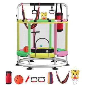Mini Round Trampoline for Kids with Basketball Hoop, 55'' Indoor Outdoor Toddler Trampoline with Enclosure Net, Swing, Sandbag, Ring, Ocean Balls, Small Trampoline Gift for Boys Girls