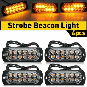 4-Pack 12 LED Amber/White Strobe Lights Vehicles Trucks Emergency Strobe Lights Kit 12V -24V Warning Hazard Flash Strobe Lights Bar Grill Grille Surface Mount Super Bright Waterproof, Amber/White