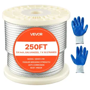 fathersdaygift VEVOR 1/4 Inch Wire Rope, 250 ft Length, Zinc Galvanized Carbon Steel Cable with Gloves, 7000 lbs Breaking Strength, 7x 19 Strands Construction, Wire Cable for Deck Railing System, Garden Trellis