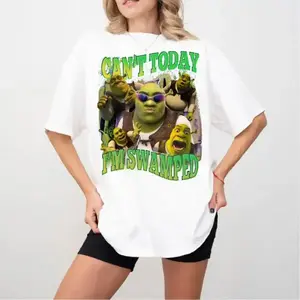 Unisex🐸 "Can't Today, I'm Swamped" Shrek Meme Shirt.Funny Shrek Face Graphic Tee, Trending Classic T-shirt for Men & Women.Casual Wear, Cool Statement Shirt, Trendy Summer Fit.Fits All.