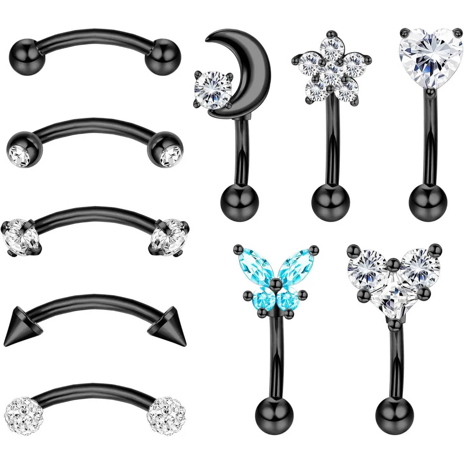 FUNRUN 10PCS 16G Rook & Daith Earrings Set | Curved Barbell Cartilage Tragus Lip Nose Piercing Jewelry | Stainless Steel CZ Body Piercings Nose Hoops Labret Studs Replacement