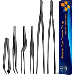 6 count Cooking Tweezer Tongs, 12'' and 6.3" Stainless Steel Kitchen Tweezer Set, Professional Chef Tweezers for Cooking, Repairing, Sea , BBQ, Multi-use (Black)
