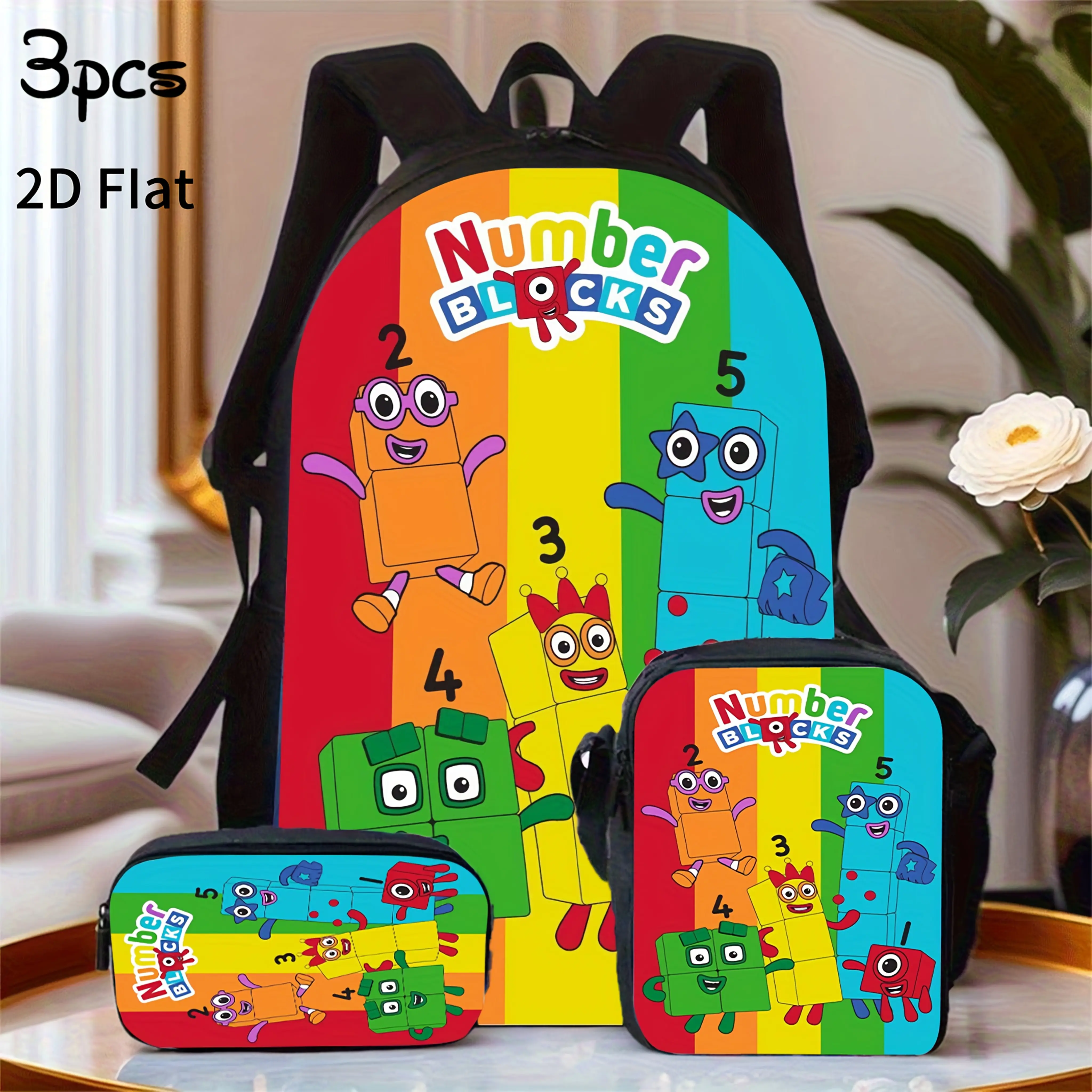 Numberblocks 3-Piece Backpack Set, Kids' Educational Cartoon Print School Bag + Lunch Bag + Pencil Case, Oxford Cloth Adjustable Strap Daypack for Toddlers & Preschoolers