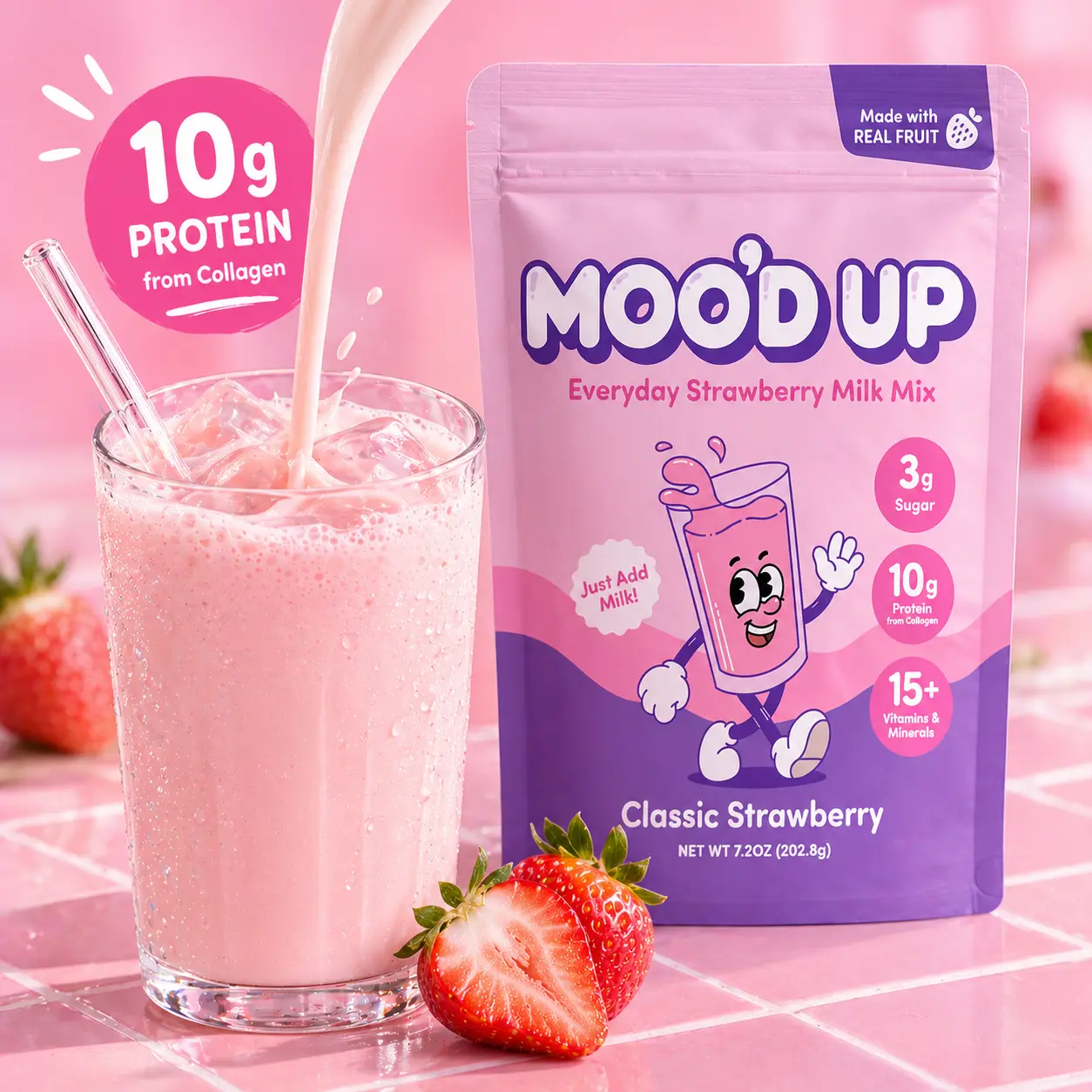 Moo’d Up Strawberry Protein Powdered Milk Drink Mix - Low Sweetness, Dairy-Free, Gluten-Free, Clean, Better-For-You Beverage