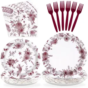 96 Pcs Burgundy Floral Paper Plates Burgundy and White Flower Plates and Napkins Red Chinoiserie Vintage Floral Dessert Plates for Birthday Bridal Wedding Chinoiserie Tea Party Supplies, Serves 24