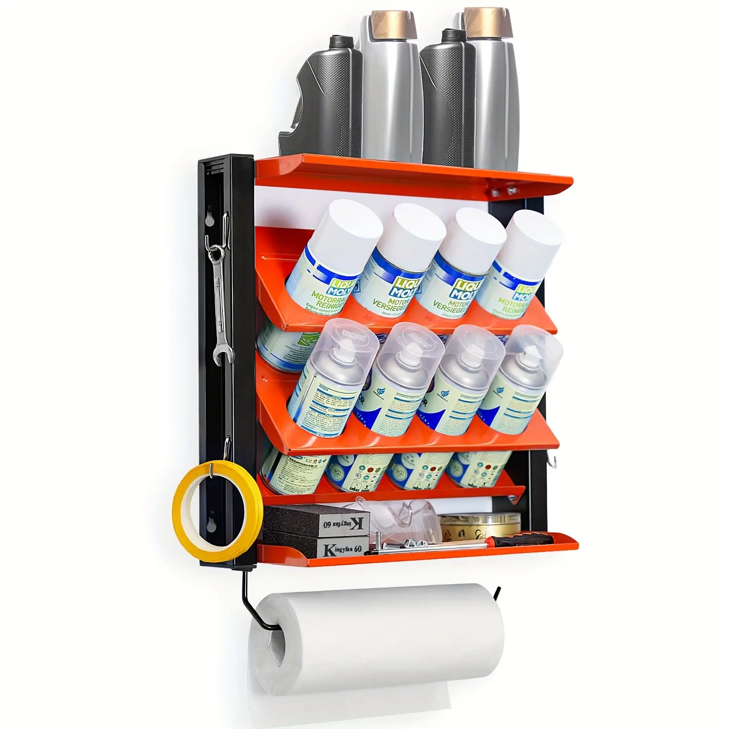 Multifunctional Durable Adjustable Heavy-Duty Metal Wall Mount Spray Paint Can Organiser, 2-Layer Tool Rack with 100lbs Load Capacity, Easy Installation Shelf for Garage Workspace Organization