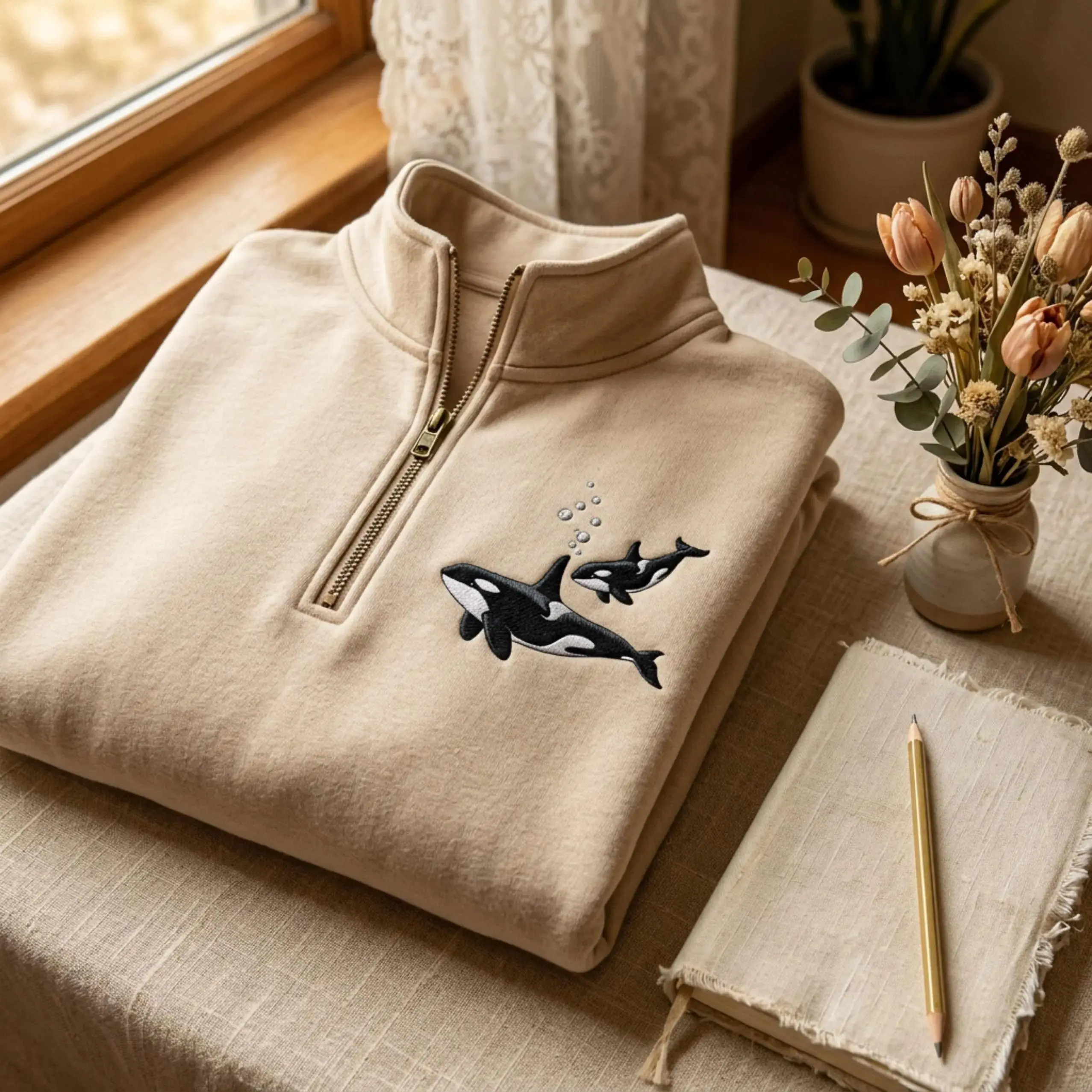 [Made in US] Embroidered Orca Whale Quarter Zip Sweatshirt, Ocean Crewneck, Beachy Cozy Sweater