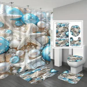 Luxury Pearl Star Bath Curtain, Fresh Ocean Style Bathroom Divider, Modern Wall Mounted Shower Rod, 1/3/4pcs, Shower Curtain Set, Bathroom Supplies