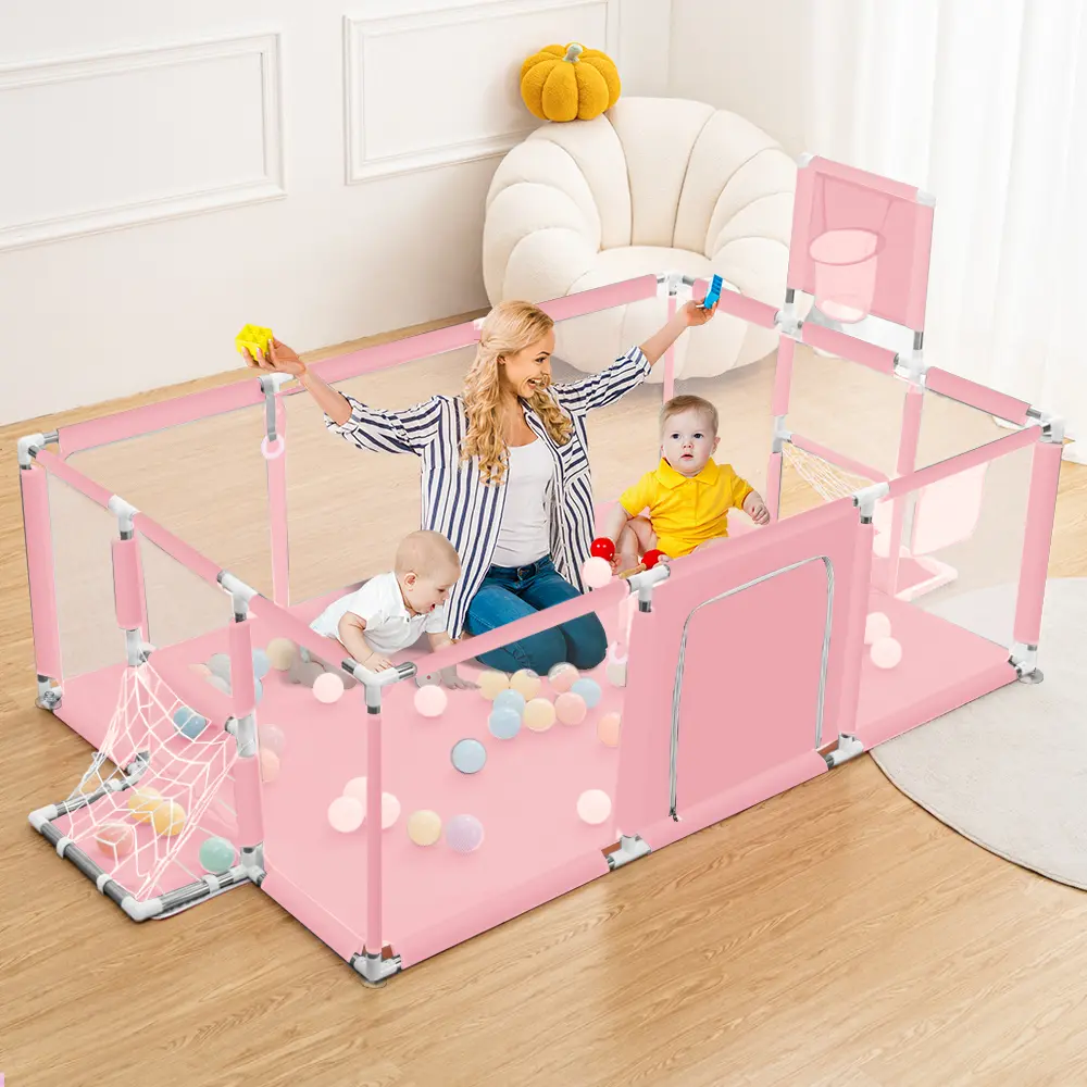 CAVEEN Baby Playpen 71.6x47.96x25.2 Inch, Safe Play Space with Basketball Hoop, Play Pens for Babies and Toddlers Baby Fence Play Yards for Indoor & Outdoor with Breathable Mesh Anti-Fall Playpen, - Easy Storage Toddler Fence for Activity & Nap, Pink，DFYD