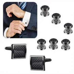 8pcs Mens Carbon Fiber Cufflinks and Shirt Studs Set Tuxedo Shirts Business Wedding Silver Black Gold Tone