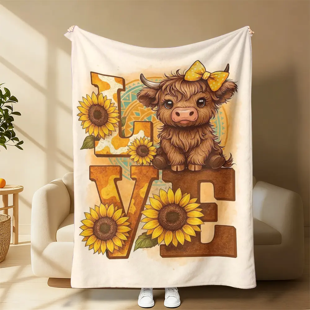 Highland Cow Sunflower Print Fleece Throw Blanket - Cute Fluffy Baby Cow With Yellow Bow Western Vintage Art, Fleece Fabric For Farmhouse Bedroom Living Room, Farmhouse Decor Country Charm Warmth Boost Gift For Women