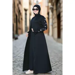 Floral Embroidered Black Abaya Set ice spices Solid Maxi pearls decor