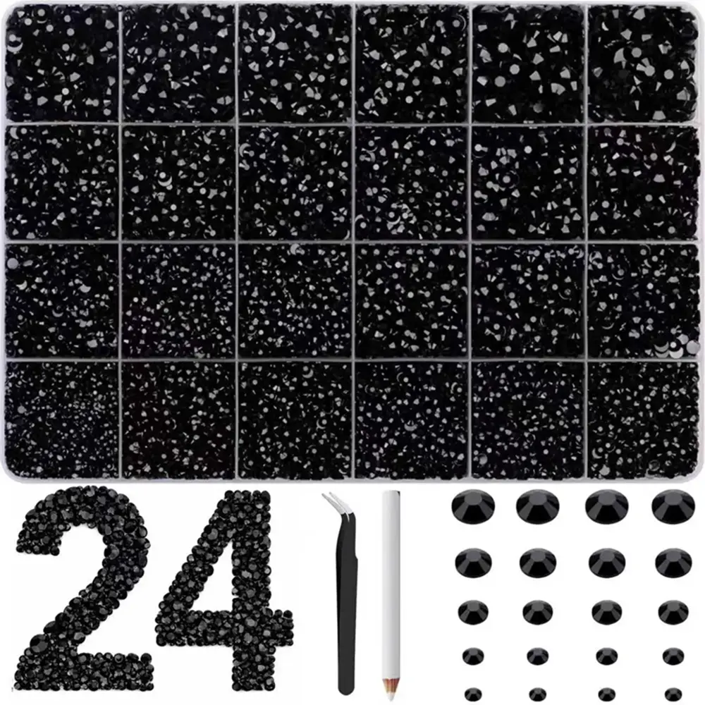 28-Grids Bedazzling Kit with Black Flatback Resin Rhinestones in Mixed Sizes 2-6mm, Jelly Crystals for Nail Art, Clothes & Crafts