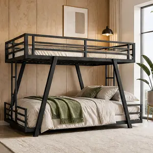 ARCH Queen over Queen Bunk Bed with 2 Side Ladders, Metal Low Profile Bunk Bed Frame for Kids Teens Adults, Space-Saving Twin XL/Full/Queen Options, Heavy Duty Support Legs, Black Finish for Bedroom Dorm Guest Room, Full/Queen/Twin XL Size Options