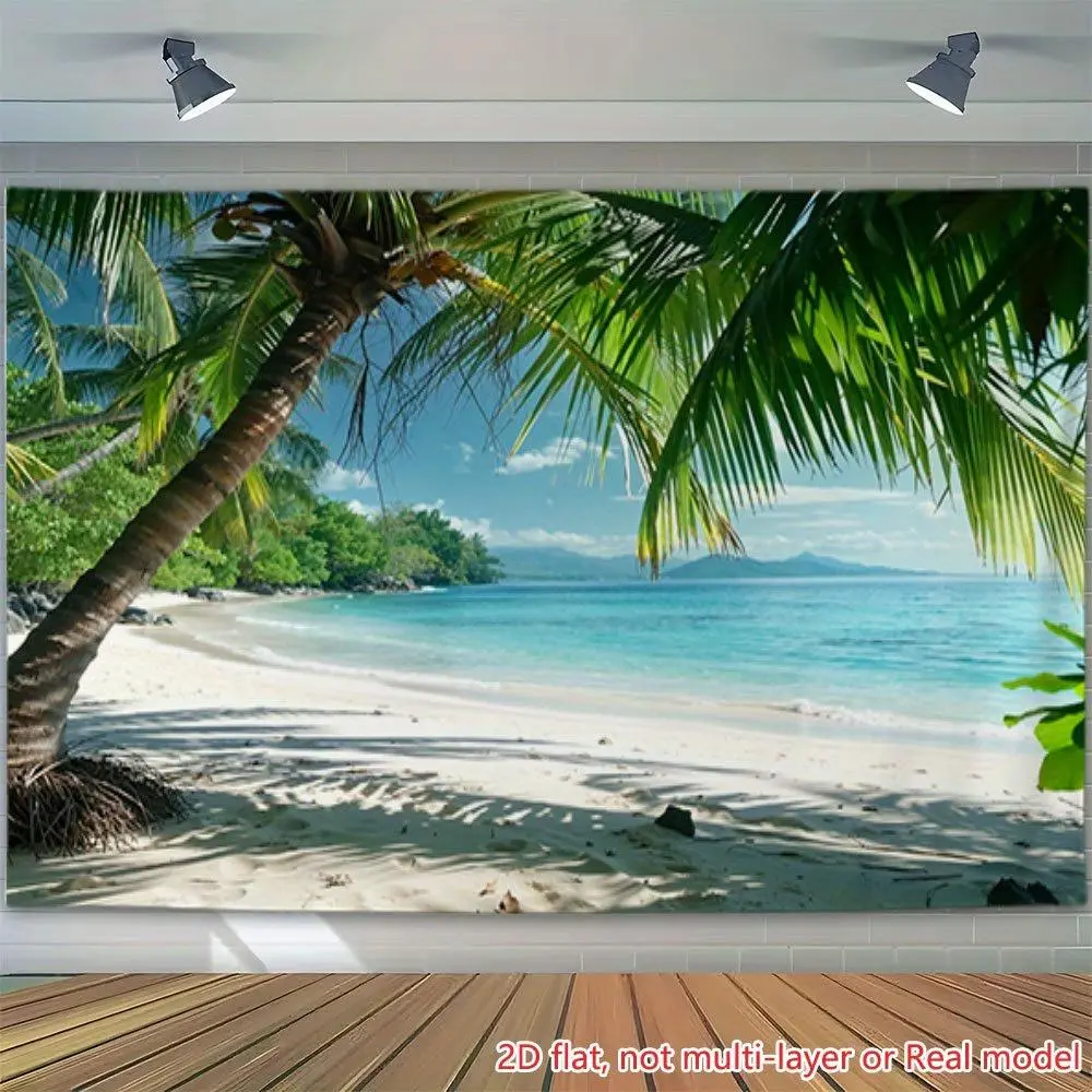 1pc Extra Large Tropical Palm Tree Beach Ocean Polyester Wall Hanging Backdrop - Party Decorations Banners, Turquoise Waters & Sand Print, Hawaii-Themed Event Supply, Durable Indoor-Outdoor for Hawaiian Luau, Pool, Party Decoration Supplies, Multi-Size