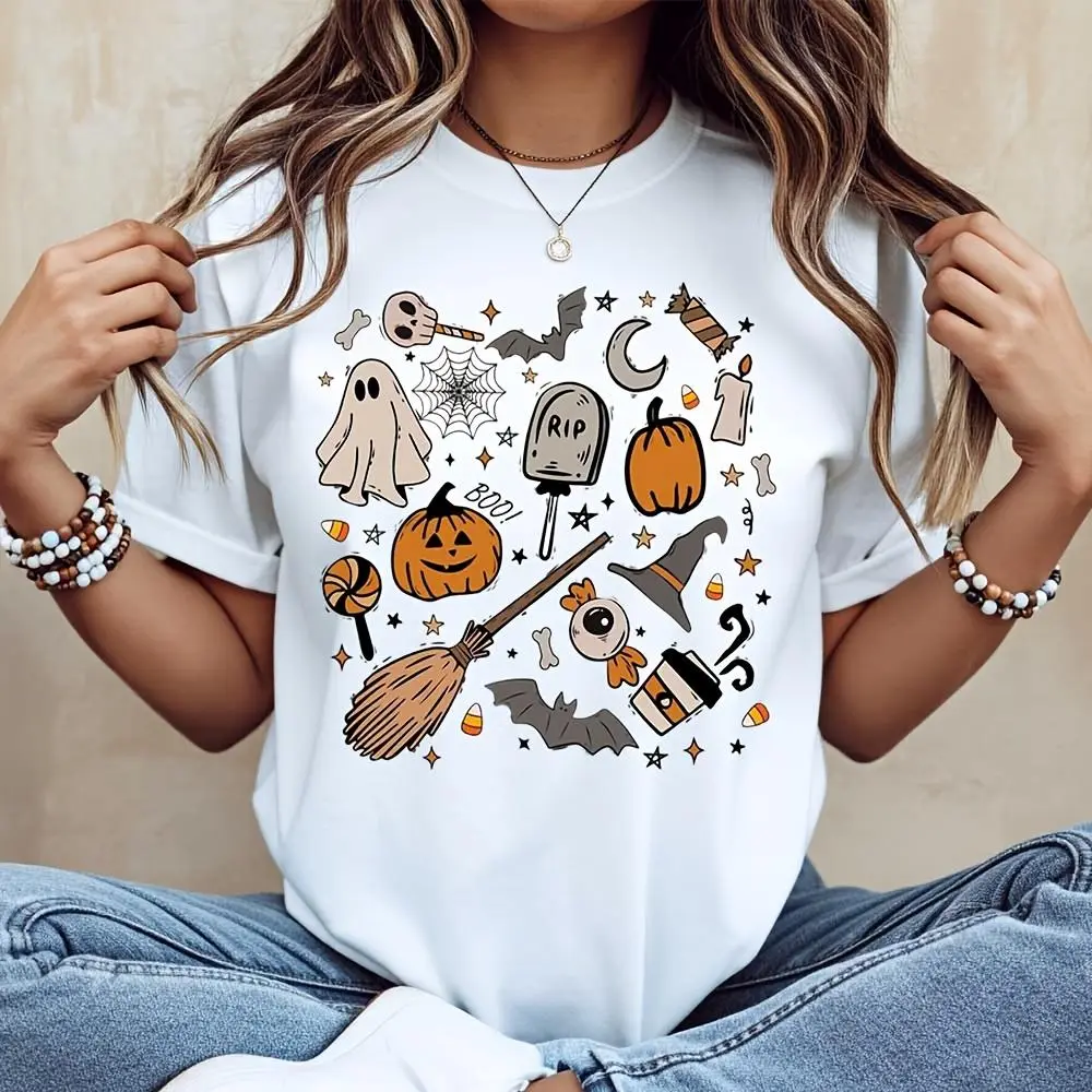 Halloween Pumpkin Ghost Broomstick Print T-Shirt, Funny Halloween Party Casual Wear, Autumn Festival Holiday Top
