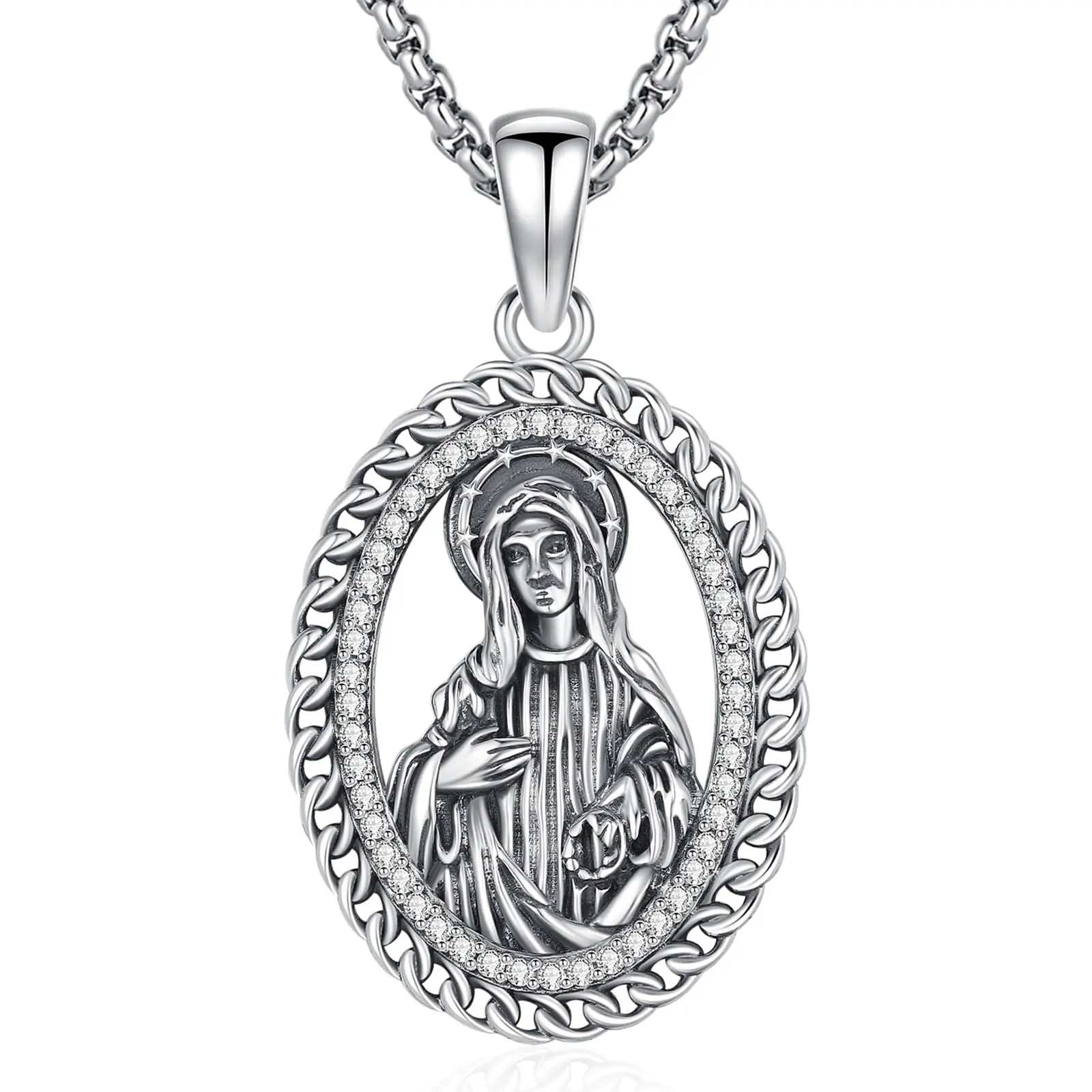 DRINSPER S925 Sterling Silver Graceful Virgen De Guadalupe Virgin Mary Miraculous Pendant Necklace for Female, Hypoallergenic Protective Amulet, Pendants Necklace Chains with 22"+2" Box-Twisted Box Chain, Sentimental Daily Jewelry