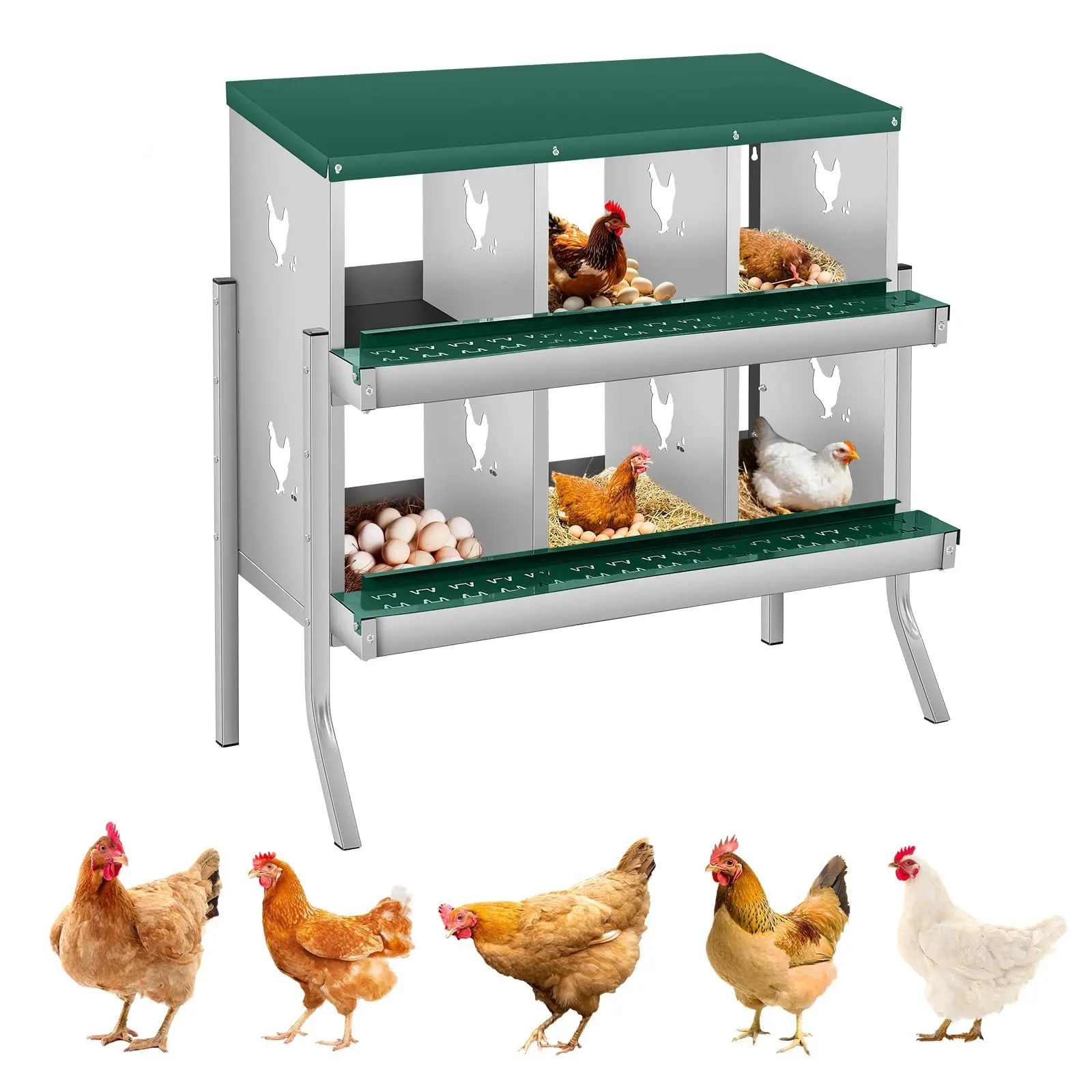 Chicken Nesting Box, 3/6/8 Room Galvanized Steel Metal Laying Boxes for Hens with 10 Pads & 4 Fake Eggs, Roll Away Easy Egg Collection, Vented Holes Poultry Nest for Chicken Coop