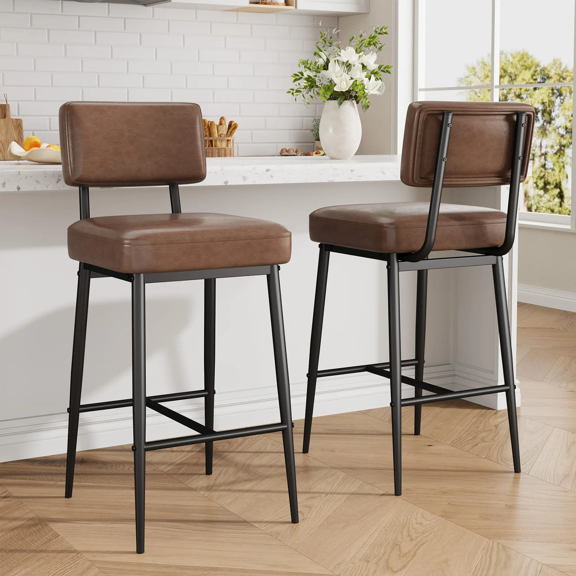Acapulco Style 3 Piece PE Rattan Bar Set, Glass Top Table with 2 Cushioned Chairs, All Weather Outdoor Furniture for Garden Balcony Deck Design Comfy