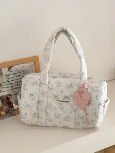 Cute Floral Quilted Tote Bag, Soft Multi-purpose Travel & Cosmetic Storage Handbag
