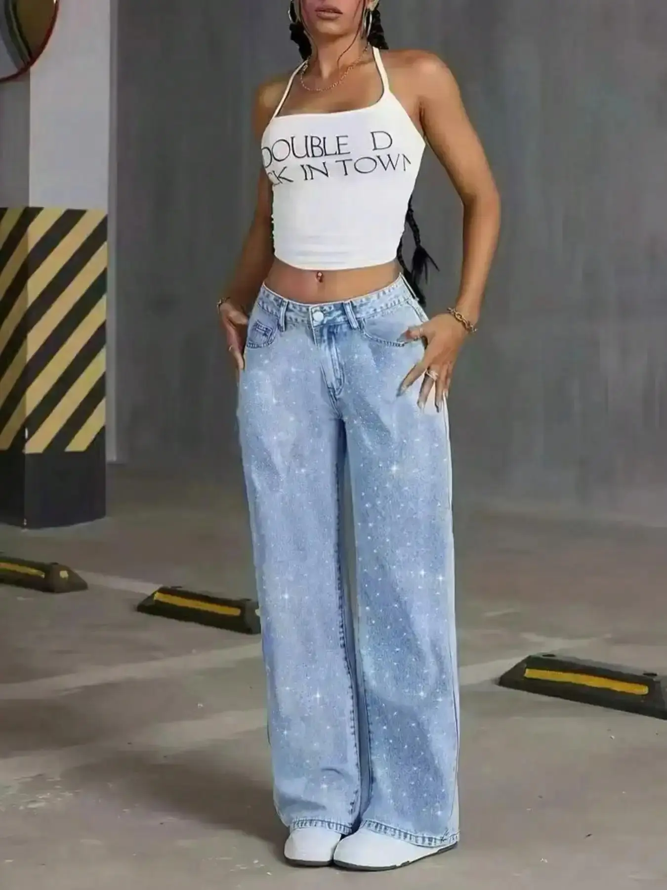 Women's High-Waisted Straight-Leg Wide Leg Pants, Womenswear Rhinestone Embellished Denim Jeans, Casual Fashion Summer Commuter Ladies' Trendy Long Trousers, Fit modern streetwear weekend wear day to night