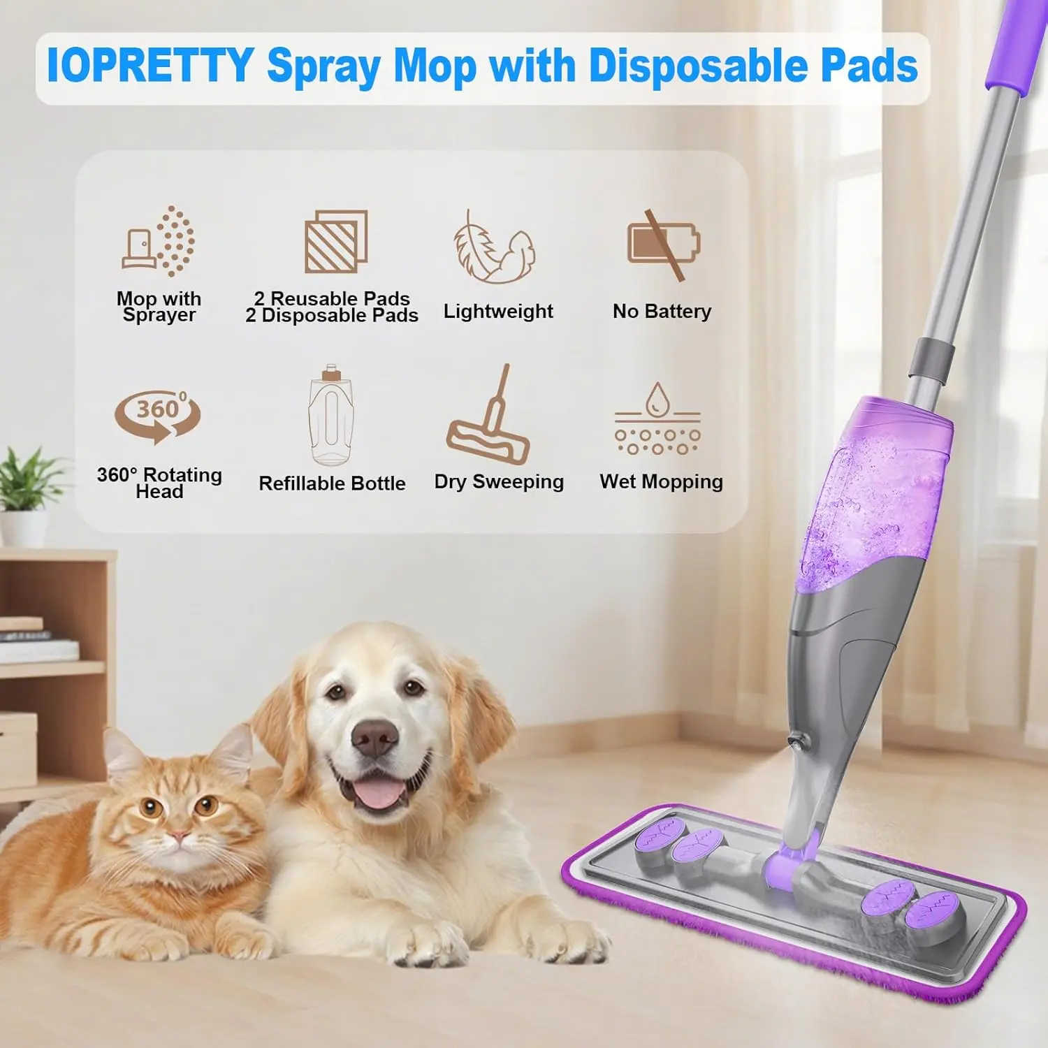Adjustable Handle Wet/Dry Microfiber Spray Mop Floor Cleaning Gift Set - Long Handled Extendable Mop, Reusable Washable & Disposable Pads, Refillable Bottle, Towel for Hardwood, Tile Floors, Pet Hair Removal, Wet/Dry Cleaning Mops, Adjustable Handle Mops