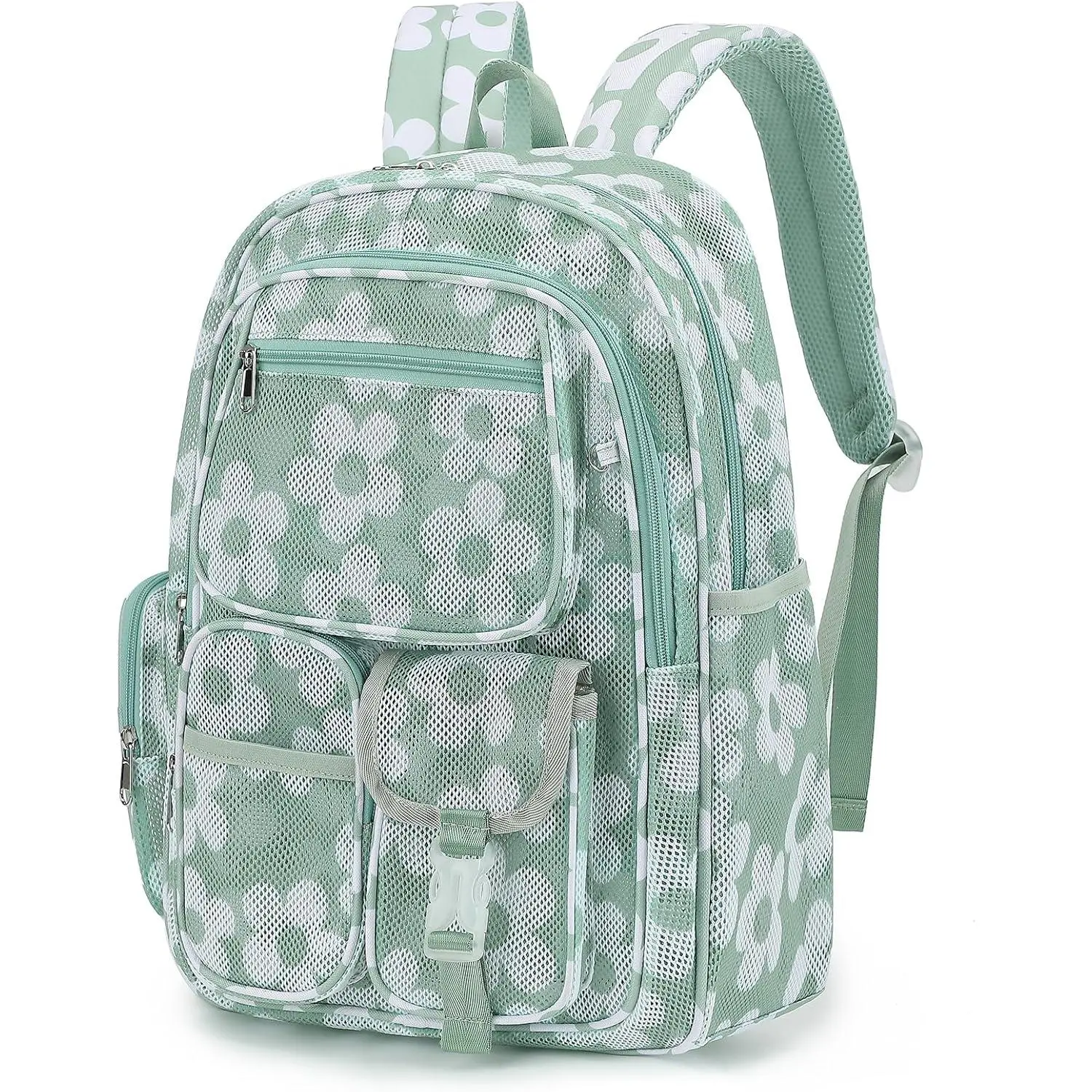 Mesh Backpacks for School, Heavy Duty Breathable See Through Bookbag for Women Girls Boys , Large Capacity Mesh bag for Beach Swimming Gym Work Travel- Floral Matcha Green