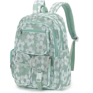 Mesh Backpacks for School, Heavy Duty Breathable See Through Bookbag for Women Girls Boys , Large Capacity Mesh bag for Beach Swimming Gym Work Travel- Floral Matcha Green