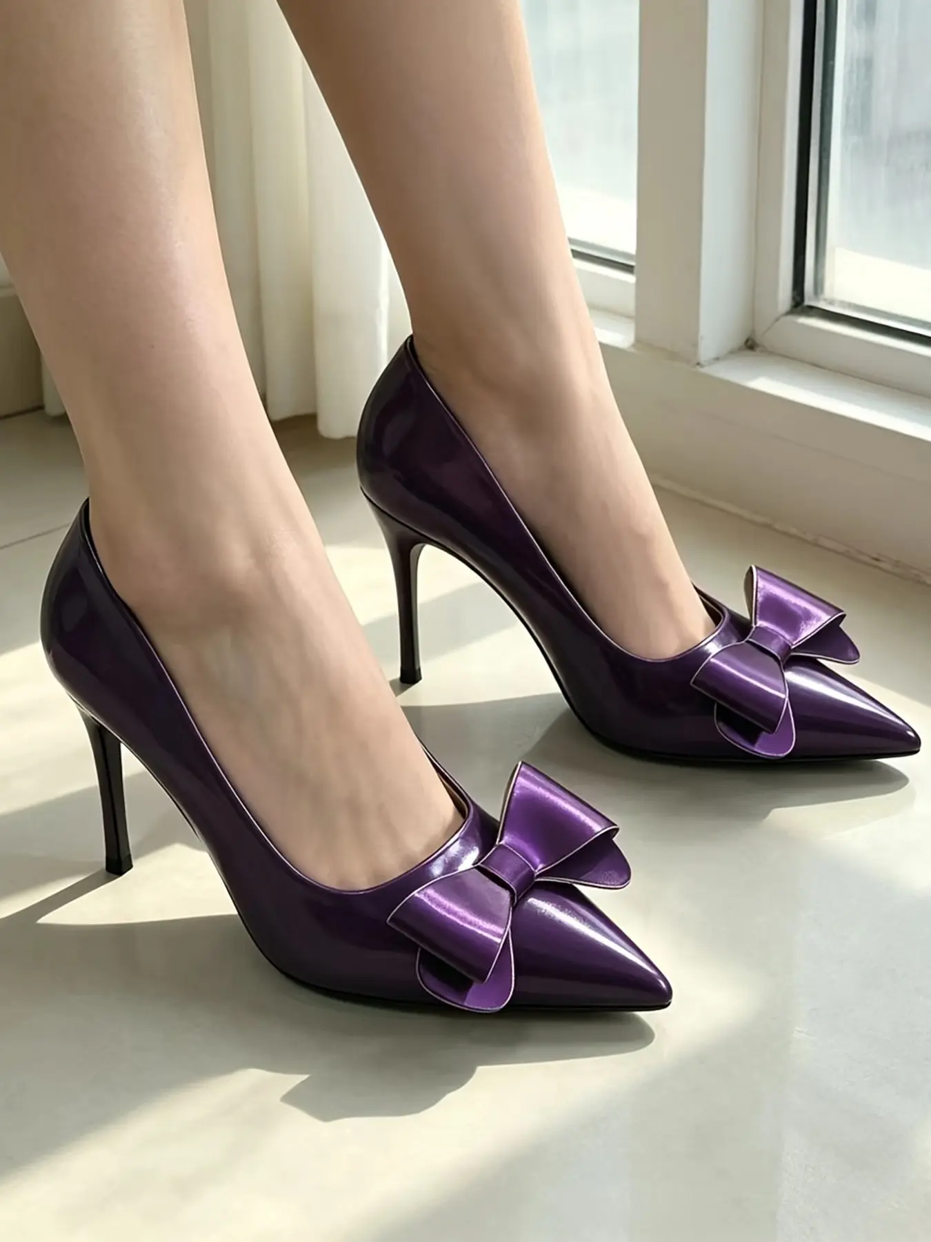 Sexy Purple High Heels for Women, heeled shoes, 3.54-Inch Stiletto Heels, Faux Leather Pointed Toe Pumps with Bowknot Decoration, Purple Date Night Shoes, Perfect for Romantic Evenings, Summer Parties, Party Nightclub Shoes