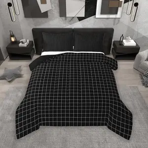 Black Grid Comforter Set Buffalo Plaid Checkered Bedding Set for Kids Boys Girls White Lines Duvet Quilt Bedroom Decor Microfiber