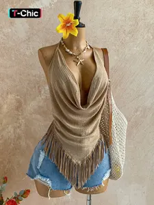 1-Piece Spring & Summer Khaki Fringe Halter Top Womenswear - Deep V Open Back Boho Bohemian Cowgirl Style for Music Festivals and Vacation Outings Casual Sleeveless Tops Boho Sleeveless