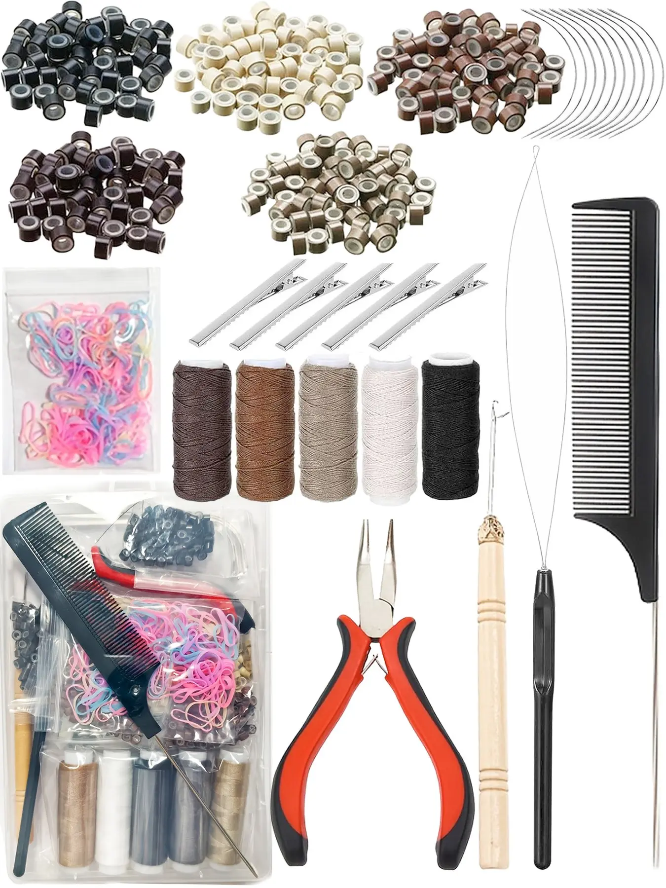 Hair Extension Kit with Silicone Nano Beads, Microlink Tool Set, Hair Clips, Sewing Thread, Hooks, Comb, Rubber Bands, Hair Styling Set, Hair Tools