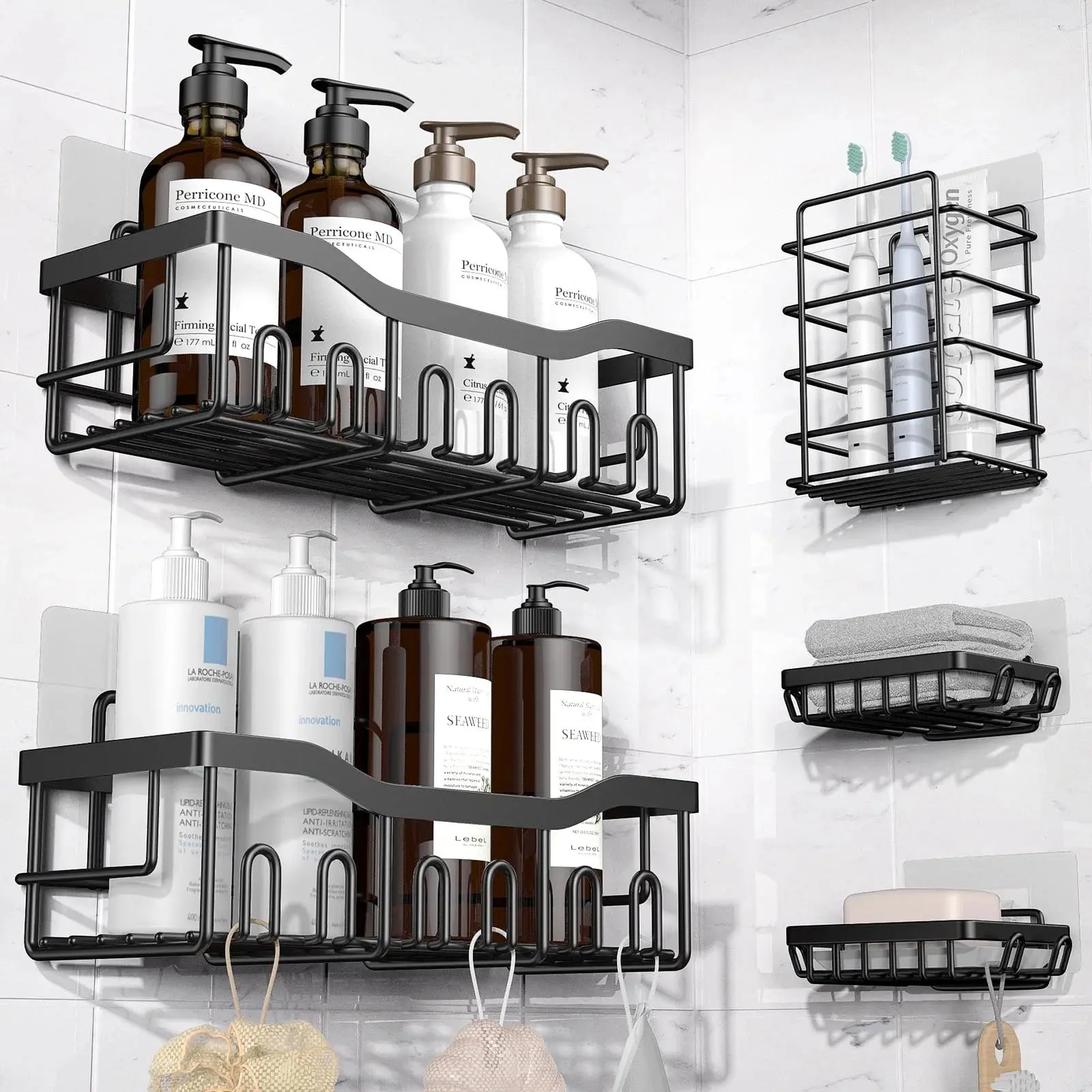 AirExpect 5-Pack SUS304 Stainless Steel Shower Caddy Set - Adhesive No-Drilling Hollow Transparent Mount, Durable Waterproof Bathroom Organizer with Smooth Rustproof Shelves for Cleaning Supplies, Soap, Toothbrush, Large Capacity, Five Pieces