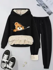 【Plus Size】Women's Teddy Bear Print Hoodie Pants Set, Fall Winter Plush Lamb Fleece, Plus Size Casual Daily Wear, Long Sleeve Drawstring Design