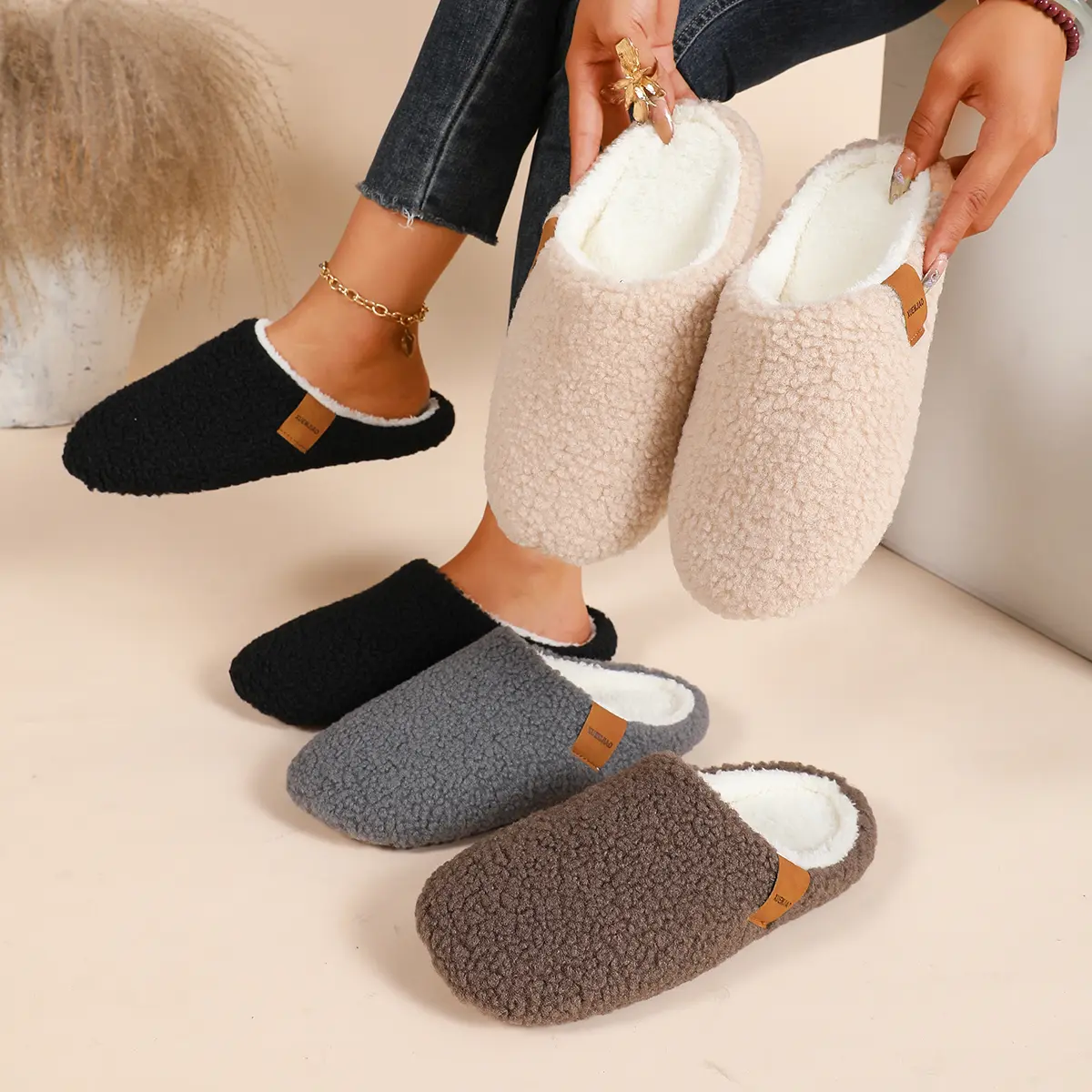 Women Men Teddy Fleece Closed Toe House Slippers Slip On Cozy Neutral Indoor Slippers Soft Warm Aesthetic Loungewear Home Shoes Anti Slip Bedroom Slippers