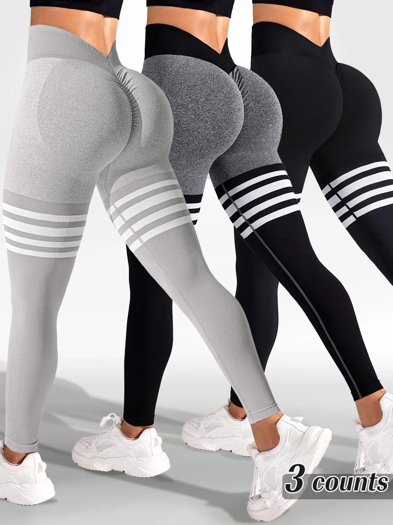 Sporty Women's Striped Print Ruched V-Waist Back Sports Leggings, High Stretch Seamless Yoga Leggings, Ladies Sportswear for Indoor Outdoor Wear, female gym clothes, Activewear Pants