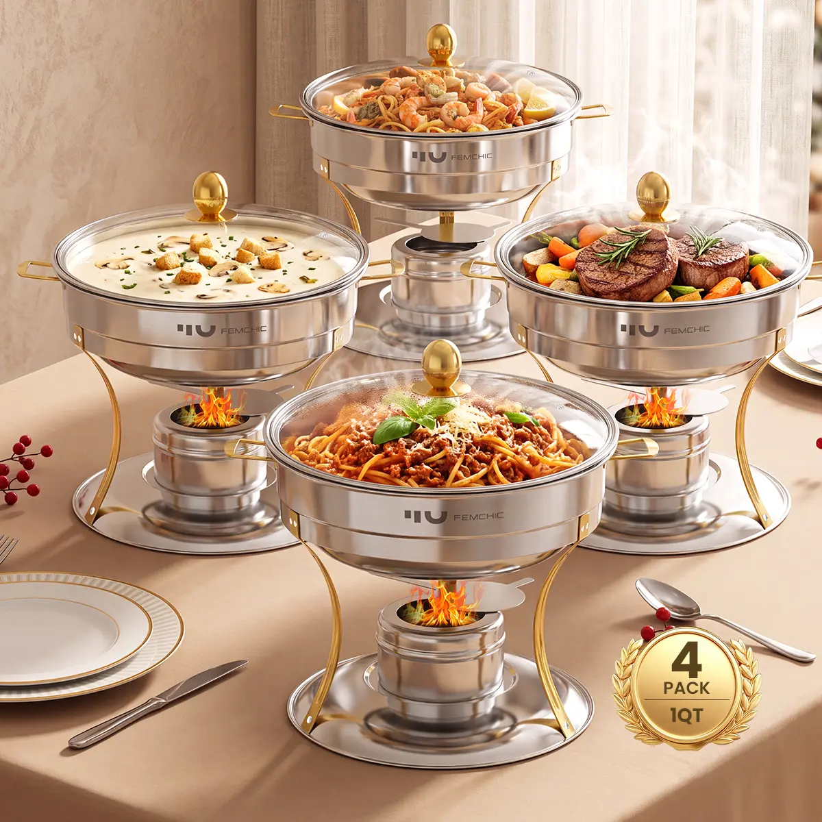 Femchic 1QT Mini Chafing Dishes for Buffet, 4 Pack Stainless Steel Round Chafer Set with Vented Glass Lids, Rolled Rim, Individual Shabu Hot Pot for Sauces and Daily Dining