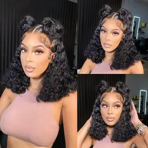 Curly BOB Wig Human Hair 180 Density 13x4 HD Lace Closure Deep Curly Wave Wigs for Black Women Glueless Wear and Go Pre Plucked Deep Wave Wet and Wavy Glueless Wigs Human Hair Natural Black 16 Inch