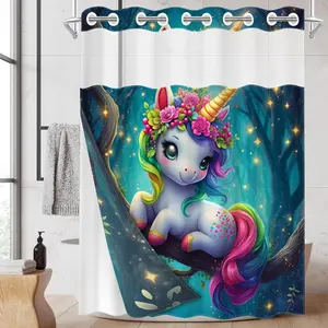 1pc hookless shower curtain with buckle lining, spring rainbow unicorn floral design 2D flat print, fabric waterproof lining shower curtain with see-through window double-layer shower curtain, 71 x 74 inches, modern home curtain decoration.