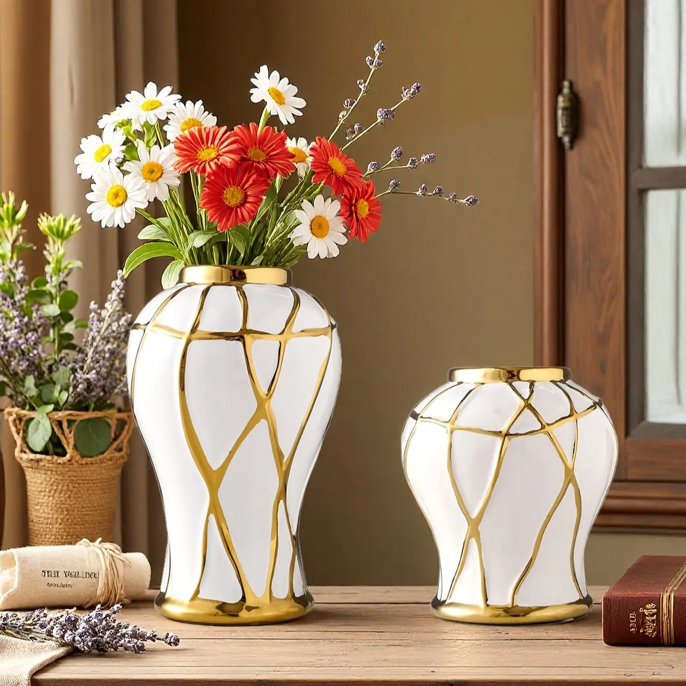 Elegant European Luxury Ceramic Flower Vase, Decorative Flower Vessel, Floral Planter for Home Decor, Living Room Tabletop Decoration, Office Desk Arrangement, Modern Ceramic Vase